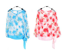 women blusa chiffon floral print long sleeve shirt blouse top ladies blouses casual red blue TIML66