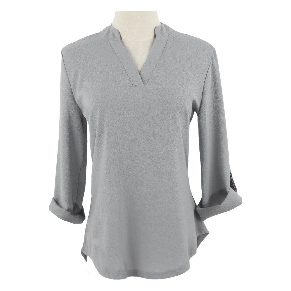 women blouses v neck d ring tab long sleeves women tops casual chiffon shirt blusas grey watermelon red TIML66