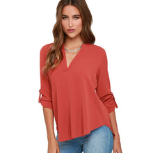 women blouses v neck d ring tab long sleeves women tops casual chiffon shirt blusas grey watermelon red TIML66