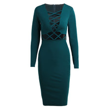 women sexy club dress criss cross long sleeve bandage bodycon dress hollow out knee length midi dress vestidos TIML66