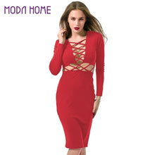 women sexy club dress criss cross long sleeve bandage bodycon dress hollow out knee length midi dress vestidos TIML66