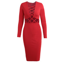 Women Sexy Club Dress Criss-Cross Long Sleeve Bandage Bodycon Dress Hollow Out Knee-Length Midi Dress Vestidos TIML66 TIML66