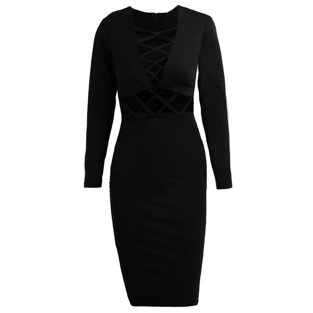 Women Sexy Club Dress Criss-Cross Long Sleeve Bandage Bodycon Dress Hollow Out Knee-Length Midi Dress Vestidos TIML66 TIML66