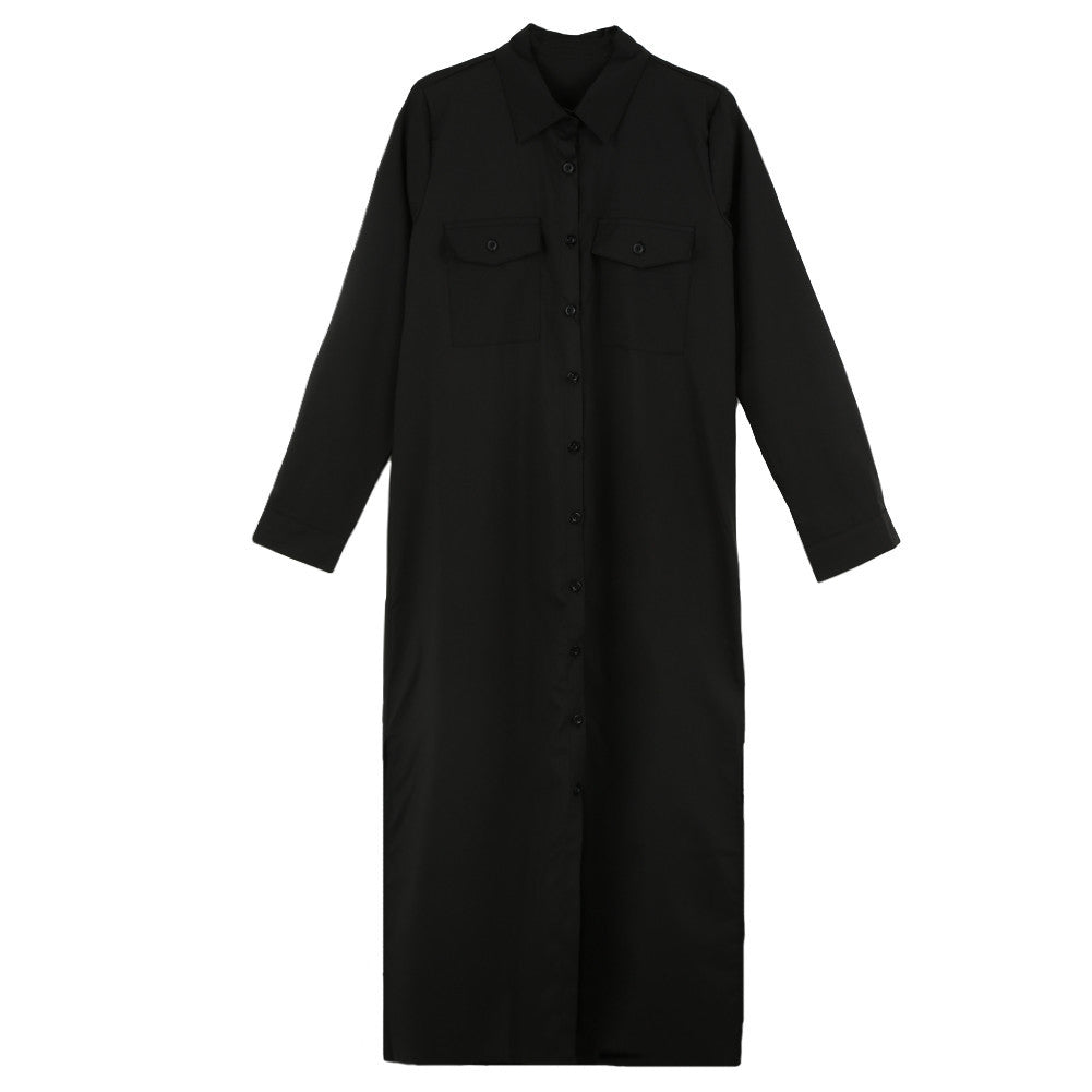 women shirt dress turn down collar long sleeve buttons pockets casual loose dress ol office dress one piece TIML66