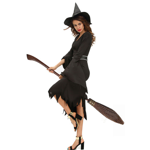 3 Pieces Sets Women Witch Halloween Costume Ruched Flare Sleeve Side Split Sexy Gothic Dress Black Role Play Uniform TIML66 TIML66