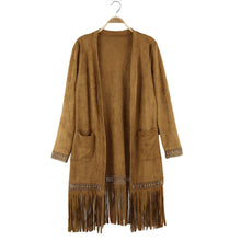 faux suede coat open front pockets tassel trench coat for women long sleeve coat outerwear TIML66