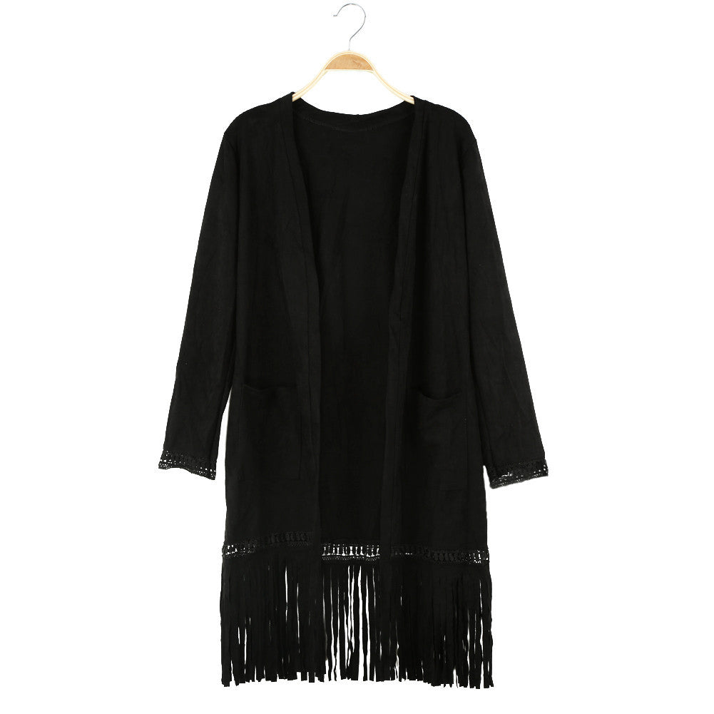 faux suede coat open front pockets tassel trench coat for women long sleeve coat outerwear TIML66
