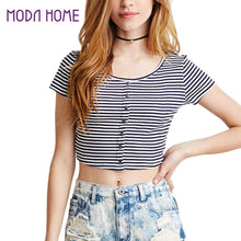 crop top women t-shirts stripe round neck short sleeve tee shirt button casual short t-shirts women tops white TIML66