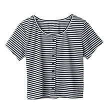 crop top women t-shirts stripe round neck short sleeve tee shirt button casual short t-shirts women tops white TIML66