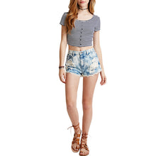 crop top women t-shirts stripe round neck short sleeve tee shirt button casual short t-shirts women tops white TIML66