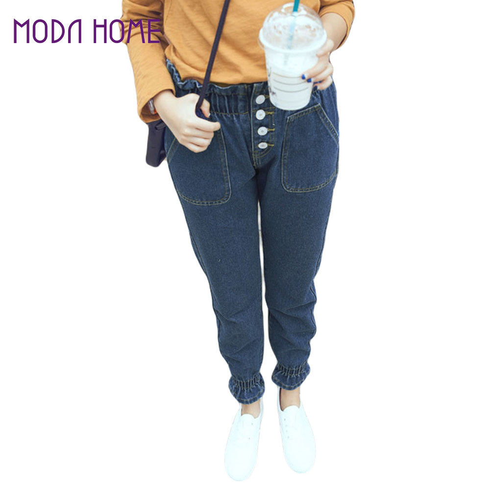 hight waist women jeans elastic waist cuff harem jeans buttons ankle length slim casual all match pants dark blue TIML66