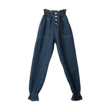 Hight Waist Women Jeans Elastic Waist Cuff Harem Jeans Buttons Ankle Length Slim Casual All-match Pants Dark Blue TIML66 TIML66