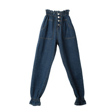 hight waist women jeans elastic waist cuff harem jeans buttons ankle length slim casual all match pants dark blue TIML66