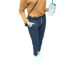 hight waist women jeans elastic waist cuff harem jeans buttons ankle length slim casual all match pants dark blue TIML66