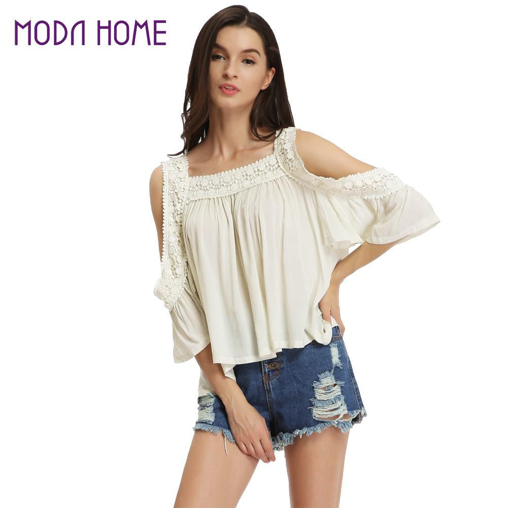 loose women blouse cold shoulder lace splice ruffle sleeve ruched casual tee shirt women tops blusas beige TIML66
