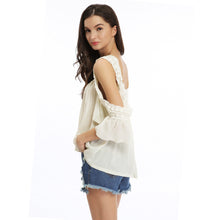 loose women blouse cold shoulder lace splice ruffle sleeve ruched casual tee shirt women tops blusas beige TIML66