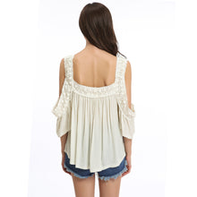 loose women blouse cold shoulder lace splice ruffle sleeve ruched casual tee shirt women tops blusas beige TIML66