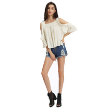 loose women blouse cold shoulder lace splice ruffle sleeve ruched casual tee shirt women tops blusas beige TIML66