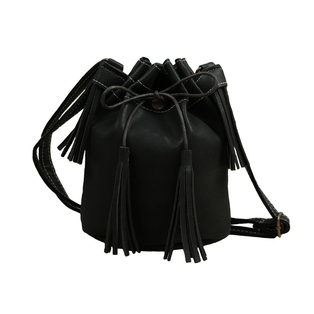 PU Leather Women Shoulder Bag Mini Drawstring Tassels Button Bucket Bag Adjustable Vintage Casual Crossbody Bag TIML66 TIML66