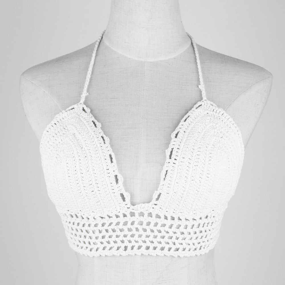 sexy women crochet crop top cropped vintage hollow out backless haltercrochet top camisole black white TIML66
