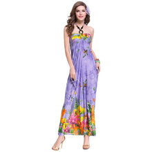 Women Beach Dress Bohemian Print Halterneck Off Shoulder Beading Ethnic Backless Party Dress BluePurple TIML66 TIML66