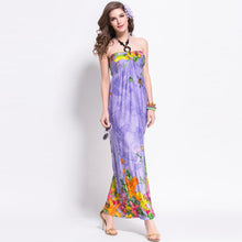 women beach dress bohemian print halterneck off shoulder beading ethnic backless party dress blue purple TIML66