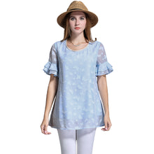 women blouse plus size o neck double layers chiffon shirt butterfly jacquard ruffled short sleeves top blue blusas TIML66