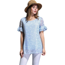 women blouse plus size o neck double layers chiffon shirt butterfly jacquard ruffled short sleeves top blue blusas TIML66