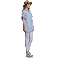women blouse plus size o neck double layers chiffon shirt butterfly jacquard ruffled short sleeves top blue blusas TIML66