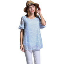 women blouse plus size o neck double layers chiffon shirt butterfly jacquard ruffled short sleeves top blue blusas TIML66