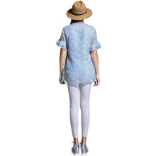 women blouse plus size o neck double layers chiffon shirt butterfly jacquard ruffled short sleeves top blue blusas TIML66