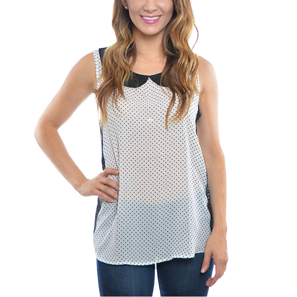 women blouse polka dot peter pan collar sleeveless lace asymmetric hem loose top white TIML66