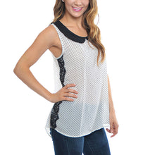 Women Blouse Polka Dot Peter Pan Collar Sleeveless Lace Asymmetric Hem Loose Top White TIML66 TIML66