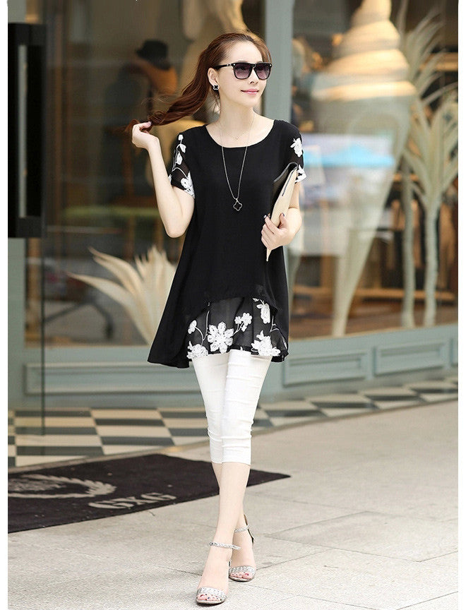 Women Blouses Embroidery O Neck Short Sleeve Chiffon Blouse WhiteBlack Loose Fit Casual Tops Blusa Feminina TIML66 TIML66