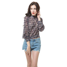Women Blouses Flower Bow Print Chiffon Shirt Stand Collar Lantern Sleeve Button Women Tops Elegant Blouse Black TIML66 TIML66