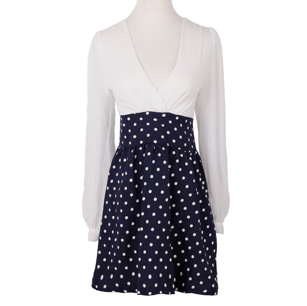 Women Chiffon Dress Deep V Neck Polka Dot Patchwork Side Zipper Long Sleeve Vestidos Femininos Mini Dress White TIML66 TIML66