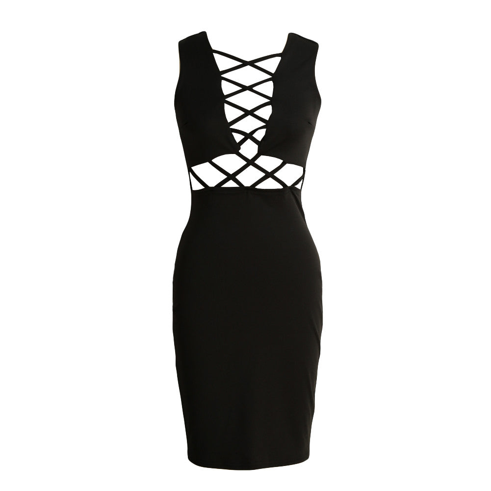 Women Hollow Out Midi Dress Solid Sleeveless Cross Strap Slim Bodycon Dress RoseBlack Pencil Dress Vestido De Festa TIML66 TIML66