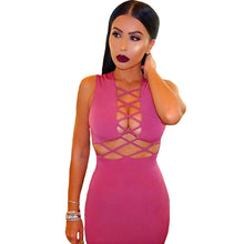 Women Hollow Out Midi Dress Solid Sleeveless Cross Strap Slim Bodycon Dress RoseBlack Pencil Dress Vestido De Festa TIML66 TIML66