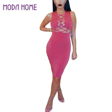 Women Hollow Out Midi Dress Solid Sleeveless Cross Strap Slim Bodycon Dress RoseBlack Pencil Dress Vestido De Festa TIML66 TIML66