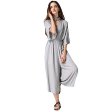 women jumpsuit v neck choker half flare sleeves chiffon rompers pockets elastic waist loose playsuit black grey blue TIML66