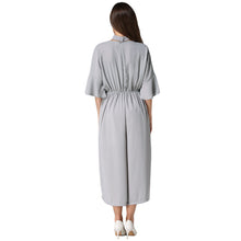 women jumpsuit v neck choker half flare sleeves chiffon rompers pockets elastic waist loose playsuit black grey blue TIML66