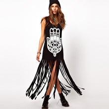 Women Maxi Dress Geometry Print Tassel Casual Dresses Sleeveless Long Tank Dress Sundress Black TIML66 TIML66