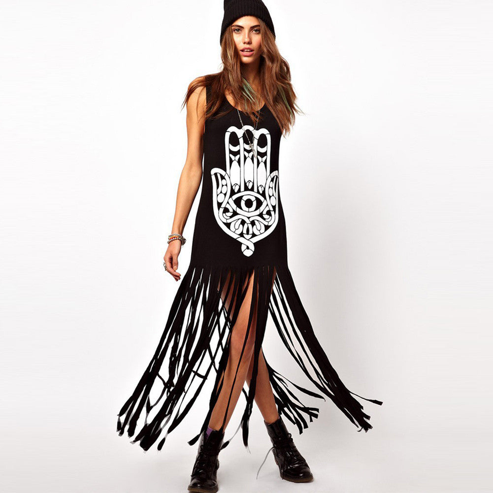 Women Maxi Dress Geometry Print Tassel Casual Dresses Sleeveless Long Tank Dress Sundress Black TIML66 TIML66