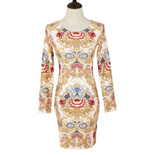 Women Sexy Bodycon Dress Floral Print O-Neck Long Sleeve Pencil Dress Bandage Dress Clubwear Yellow TIML66 TIML66