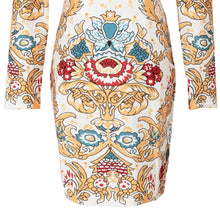 Women Sexy Bodycon Dress Floral Print O-Neck Long Sleeve Pencil Dress Bandage Dress Clubwear Yellow TIML66 TIML66