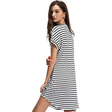 women stripe dress v neck short batwing sleeves curve hem casual t-shirts dress vestidos white TIML66