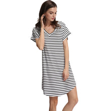 women stripe dress v neck short batwing sleeves curve hem casual t-shirts dress vestidos white TIML66