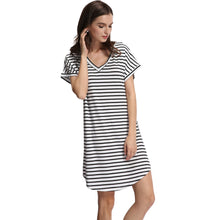 Women Stripe Dress V-Neck Short Batwing Sleeves Curve Hem Casual T Shirt Dress Vestidos White TIML66 TIML66