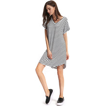 women stripe dress v neck short batwing sleeves curve hem casual t-shirts dress vestidos white TIML66