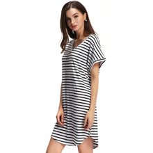 Women Stripe Dress V-Neck Short Batwing Sleeves Curve Hem Casual T Shirt Dress Vestidos White TIML66 TIML66